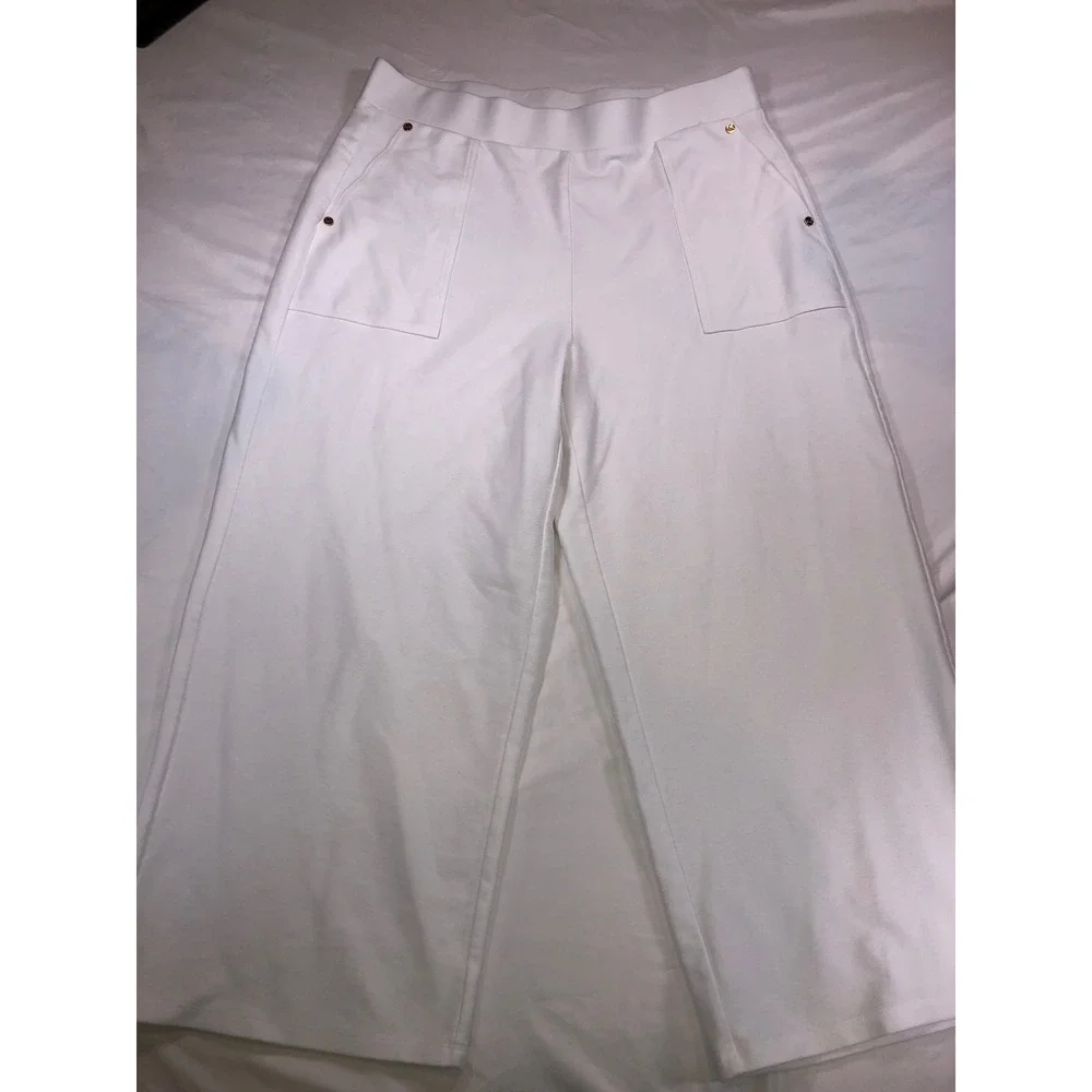 Michael Kors White Wide Leg Crop Pants Gold Hardware Textured Knit Large